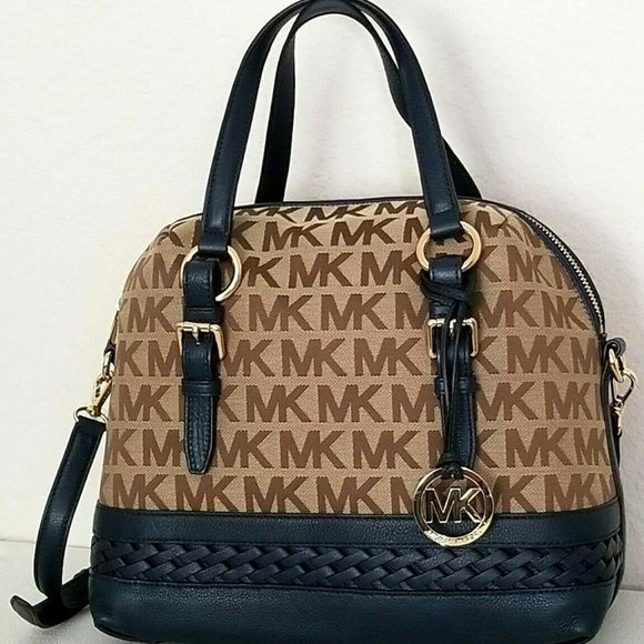 MICHAEL KORS GLADSTONE LARGE MK LOGO BEIGE NAVY BLUE TOP ZIP SATCHEL BAG NWT